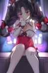  1girl animal_ears aono_(f_i_s) azur_lane bangs bare_shoulders bell blurry blurry_background blush bow braid breasts brown_hair christmas cleavage closed_mouth commentary_request curtains depth_of_field dress elbow_gloves eyebrows_visible_through_hair fur_collar gloves hair_between_eyes hair_bow hair_rings hand_up head_tilt highres large_breasts ooshio_(azur_lane) panties parted_bangs red_bow red_dress red_eyes smile solo thighhighs twin_braids twintails underwear white_gloves white_legwear white_panties window 