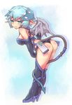  ass blue_eyes blue_hair blush boots breasts demon_girl demon_tail demon_wings elbow_gloves gloves high_heels horns looking_at_viewer medium_breasts original personification pointy_ears sankuma shoes short_hair solo tail thighhighs wings 