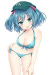  aqua_eyes bad_id bad_pixiv_id bikini blue_hair blush breasts cleavage collarbone etou_(cherry7) floral_print front-tie_top hair_bobbles hair_ornament hat highres kawashiro_nitori medium_breasts navel open_mouth shiny shiny_skin short_hair side-tie_bikini solo swimsuit touhou two_side_up white_background 