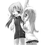  absurdres armpits atarashi_ako bad_id bad_pixiv_id blush chibitan greyscale highres jacket licking monochrome multiple_girls no_pants one_eye_closed ponytail saki saki_achiga-hen short_twintails sleeveless_track_jacket smile takakamo_shizuno track_jacket twintails two_side_up yuri 