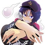  blue_eyes blue_hair chipa_(arutana) clenched_teeth crossed_arms eating hands hat hitodama miyako_yoshika ofuda outstretched_arms short_hair simple_background skirt solo star teeth touhou white_background 
