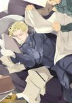  black_hair blanket blonde_hair book closed_eyes coat couch fate/zero fate_(series) get3 gloves holding_hands kayneth_el-melloi_archibald lancer_(fate/zero) lying male_focus multiple_boys on_side paper pencil sleeping white_gloves 