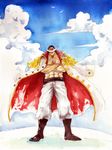  1boy bandanna blue_sky cloud clouds crossed_arms edward_newgate facial_hair full_body jacket_on_shoulders male male_focus muscle mustache no_shirt one_piece open_clothes open_shirt outdoors sash scar shirt sky smile solo standing white_pants 