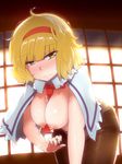  ahoge alice_margatroid all_fours arm_support bad_id bad_pixiv_id bent_over between_breasts blonde_hair blush breasts brown_eyes capelet fine_fabric_emphasis hairband hyudora large_breasts messy_hair nipples no_shirt panties panties_under_pantyhose pantyhose puppet_rings short_hair solo sweat touhou underwear 
