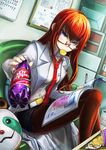  absurdres book chips couch dr_pepper eating food glasses highres labcoat lavender_eyes legwear_under_shorts long_hair makise_kurisu necktie pantyhose pen potato_chips red_hair red_neckwear shorts sitting solo steins;gate todee whiteboard 