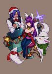  1boy 1girl alcohol animal_ears bottle breasts christmas cup drinking_glass fox fox_ears hat hei_niao high_heels highres kitsune large_breasts long_hair monster_strike purple_hair red_footwear santa_hat scarf simple_background table tagme tail thighhighs wine wine_bottle wine_glass yellow_eyes 