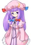  bespectacled bow crescent glasses hair_bow hat long_sleeves patchouli_knowledge purple_eyes purple_hair snow_(gi66gotyo) solo touhou white_background wide_sleeves 