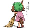  animal_ears broom child dog_ears from_behind green_hair kasodani_kyouko onikobe_rin sandals short_hair simple_background solo sweeping tail touhou 