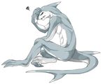  3_toes 4_fingers abs angry anthro blue_body blue_eyes blue_skin blush fish gills looking_down male marine muscles nude open_mouth pecs plain_background ryuhu_blau shark sharp_teeth sitting solo teeth white_background white_belly white_skin 