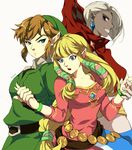  2boys androgynous belt black_eyes blonde_hair blue_eyes bracelet cape dark_skin earrings ghirahim hat jewelry link long_hair multiple_boys muse_(rainforest) pointy_ears princess_zelda smile the_legend_of_zelda the_legend_of_zelda:_skyward_sword white_hair 