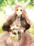  9room :d basket bottle brown_eyes capelet dress gloves hair_ribbon leaf long_hair open_mouth original ribbon silver_hair sitting smile solo white_gloves 