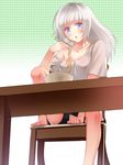  :o bad_id bad_pixiv_id barefoot blue_eyes blush bowl breasts chair chopsticks cleavage collarbone eating feet_on_chair food from_below gradient gradient_background green_background ktsis long_hair looking_at_viewer medium_breasts noodles off_shoulder open_mouth original shirt shorts silver_hair sitting solo table toes white_background 