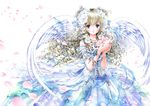  angel angel_wings blue_eyes bracelet copyright_request curly_hair dress drill_hair feathered_wings flower gem hair_flower hair_ornament holding jewelry lace long_hair necklace petals shiitake_(gensoudou) smile solo white_background wings 