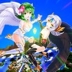  :d akahige black_legwear black_wings boots breasts crossover elsword eve_(elsword) feathered_wings flower flying gem green_eyes green_hair gumi hair_flower hair_ornament hairband looking_at_viewer medium_breasts multiple_girls open_mouth short_hair silver_hair small_breasts smile thigh_boots thighhighs vocaloid white_legwear white_wings wings yellow_eyes 