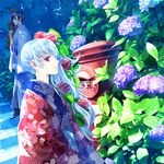  bad_id bad_pixiv_id blue_hair flower hair_flower hair_ornament hydrangea japanese_clothes japanese_cylindrical_postbox japanese_postal_mark multiple_girls original postbox_(outgoing_mail) smile toichi_(ik07) 