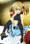  ;d absurdres bare_shoulders bed black_legwear brown_hair dragon fingerless_gloves gloves halter_top halterneck highres midriff navel nyantype official_art one_eye_closed open_mouth pina_(sao) pleated_skirt red_eyes scan short_twintails silica sitting skirt smile solo sudo_tomoko sword_art_online thighhighs twintails undressing 