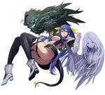  ass asymmetrical_wings bare_shoulders blue_hair boots bow breasts cameltoe covered_nipples detached_sleeves dizzy guilty_gear hair_bow hidezi high_heels large_breasts legs long_hair navel necro_(guilty_gear) open_mouth red_eyes ribbon shoes tail tail_ribbon thighhighs underboob undine_(guilty_gear) very_long_hair wings 