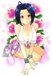  ahoge blue_hair blush bracelet breasts cleavage flower front-tie_top hair_flower hair_ornament halter_top halterneck hibiscus highres idolmaster idolmaster_(classic) jewelry large_breasts looking_at_viewer miura_azusa print_sarong purple_sarong red_eyes sarong short_hair smile tsurui 