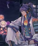  armor fireworks full_moon gackpoid_(vocaloid3) hair_ornament haori headset japanese_clothes kamui_gakupo long_hair male_focus moon nail_polish night night_sky ohse ponytail purple_hair sitting sky solo star_(sky) sword vocaloid weapon wind_chime 