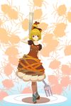  blonde_hair bow brown_eyes bug cake crossed_legs dress food fork hair_bow hair_bun highres kujira_(hanzu2up) kurodani_yamame mont_blanc_(food) plate short_hair smile solo spider standing touhou 