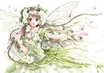  blonde_hair braid bug butterfly butterfly_wings copyright_request dress fairy floating_hair flower gown green_eyes hair_flower hair_ornament insect lace long_hair outstretched_arm parted_lips petals shiitake_(gensoudou) solo white_background white_dress wings 