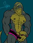  anthro balls bgn biceps big_muscles big_penis briefs clothed clothing dinosaur erection half-dressed handsome looking_at_viewer male muscles nipple_piercing nipples pecs penis piercing pose presenting scalie showing_off solo topless tyrannosaurus_rex uncut underwear yellow_eyes zeke 