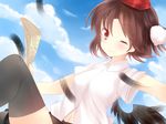  ajiriko bad_id bad_pixiv_id banned_artist black_legwear blush brown_hair cloud day feathers hat looking_at_viewer navel newspaper one_eye_closed red_eyes shameimaru_aya short_hair short_sleeves sky smile solo thighhighs tokin_hat touhou 