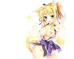  animal_ears blonde_hair breasts dog_days foxgirl nipples nopan open_shirt tail tateha white yukikaze_panettone 