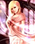  blonde_hair brown_eyes dress eve_brea flower hair_flower hair_ornament hand_on_own_chest highres light_smile looking_at_viewer parasite_eve parasite_eve_the_3rd_birthday rikku_(cake) smile solo 