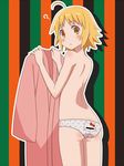  ? ahoge animal_print ass back-print_panties bar_censor blonde_hair blush body_blush cat_panties cat_print censored from_behind haroukitei_kigurumi hello_kitty japanese_clothes joshiraku lace lace-trimmed_panties looking_back panties parted_lips pikuharu polka_dot polka_dot_panties print_panties short_hair topless underwear yellow_eyes 