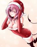  bare_shoulders black_legwear blush boots breasts cleavage demon_tail dress elbow_gloves gloves medium_breasts momo_velia_deviluke one_eye_closed pink_eyes pink_hair red_gloves rikku_(cake) santa_costume short_hair smile solo tail thigh_boots thighhighs to_love-ru 