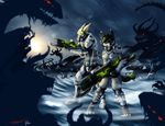  anthro armor black_hair canine couple female fennec fox fuckie fuckie_(character) green green_hair hair heterochromia male mammal monster piercing ranged_weapon surrounded weapon 