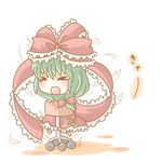  &gt;_&lt; :d bad_id bad_pixiv_id blush bow chair chibi closed_eyes doromizu front_ponytail green_hair hair_bow hair_ornament hair_ribbon kagiyama_hina office_chair open_mouth ribbon simple_background smile solo spinning touhou white_background xd 