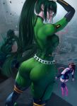  1boy 2girls absurdres adjusting_hair alternate_costume ass asui_tsuyu belt bird bodysuit boku_no_hero_academia brown_eyes brown_hair building cityscape commentary curvy english_commentary floating frog_girl from_behind green_bodysuit green_eyes green_hair highres hips hlulani legs long_hair long_tongue looking_at_viewer looking_back low-tied_long_hair messy_hair midoriya_izuku multicolored multicolored_bodysuit multicolored_clothes multiple_girls older outdoors pinup ponytail rooftop short_hair sidelocks skyscraper standing superhero thighs tongue tongue_out uraraka_ochako very_long_hair very_long_tongue 