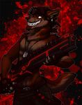  blood canine fuckie grin male mammal piercing pose ranged_weapon solo topless weapon wolf 