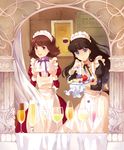  9room :d apple apron black_hair blue_eyes brown_hair food fruit glass grapes holding long_hair looking_at_viewer maid maid_headdress multiple_girls open_mouth original pink_eyes short_hair smile strawberry 