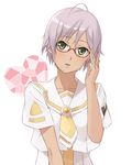  adjusting_eyewear ahoge aria athena_glory bespectacled glasses green_eyes head_tilt oitsuki_(getsumen_diver) pink_hair red-framed_eyewear short_hair simple_background solo upper_body very_short_hair 