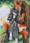  anklet anthro armband canine couple cute duo ear_piercing embrace eyes_closed feather female fox fuckie fuckie_(character) male mammal nude outside piercing roots scenery sitting tree tree_roots tribal wolf wood 