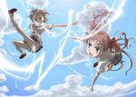  bike_shorts biribiri brown_eyes brown_hair cloud day electricity khui long_hair loose_socks misaka_mikoto multiple_girls open_mouth shirai_kuroko short_hair sky socks sweater_vest to_aru_kagaku_no_railgun to_aru_majutsu_no_index twintails 