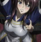  armor blush breast_grab grabbing highres oda_nobuna_no_yabou poorly_stitched screencap shibata_katsuie_(oda_nobuna_no_yabou) solo_focus stitched third-party_edit 