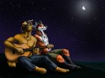  anthro canine clothing couple dog dreadlocks duo fox fuckie guitar male mammal night outside shorts sitting topless 