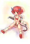  calligraphy_brush child demon_tail demon_wings flat_chest fundoshi horns japanese_clothes looking_at_viewer navel original paintbrush personification pointy_ears red_eyes red_hair sandals sankuma short_hair smile solo tail wings 