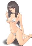  bikini black_hair blush breasts brown_eyes head_tilt kneeling long_hair medium_breasts micro_bikini muffin_(sirumeria) navel original simple_background solo swimsuit 