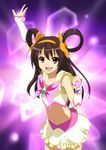  brown_eyes brown_hair cosplay crop_top cure_dream cure_dream_(cosplay) frills hairband henshin highres iyakun long_hair navel open_mouth orange_hairband outstretched_arm precure ribbon skirt solo suzumiya_haruhi suzumiya_haruhi_no_yuuutsu transformation yes!_precure_5 