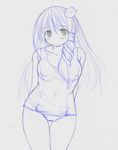  arms_behind_back blush breasts collarbone frog_hair_ornament hair_ornament hair_tubes kasuga_yukihito kochiya_sanae long_hair medium_breasts monochrome one-piece_swimsuit school_swimsuit sketch snake solo swimsuit touhou traditional_media 