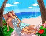  axis_powers_hetalia bare_legs barefoot beach bracelet brown_hair cloud day dress feet flower hair_ribbon hammock jewelry light_rays long_hair necklace ocean open_mouth outdoors palm_tree ribbon seychelles_(hetalia) sky sleeping sunbeam sunlight tree water white_dress 