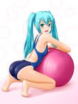  aqua_eyes aqua_hair ball competition_swimsuit exercise_ball hatsune_miku long_hair looking_back one-piece_swimsuit open_mouth solo swimsuit tk4 twintails vocaloid 