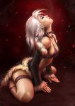  arched_back braid breasts buckle chain choker cleavage closed_eyes detached_sleeves earrings eyelashes eyeshadow fingernails fur_trim highres jewelry kate-fox leaning_forward lipstick long_hair makeup medium_breasts parted_lips ragnarok_online realistic sitting smoke solo sparks spread_legs stalker thighs watermark white_hair 