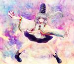  blue_eyes hat japanese_clothes katari long_hair looking_at_viewer mononobe_no_futo ofuda ponytail pose shoes silver_hair skirt smile solo tate_eboshi touhou wide_sleeves 