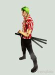  1boy black_pants blood boots full_body green_hair grey_background highres irenukia male male_focus one_piece pants roronoa_zoro sabaody_archipelago sheathed_sword shirt simple_background solo striped striped_shirt sword vertical_stripes weapon 